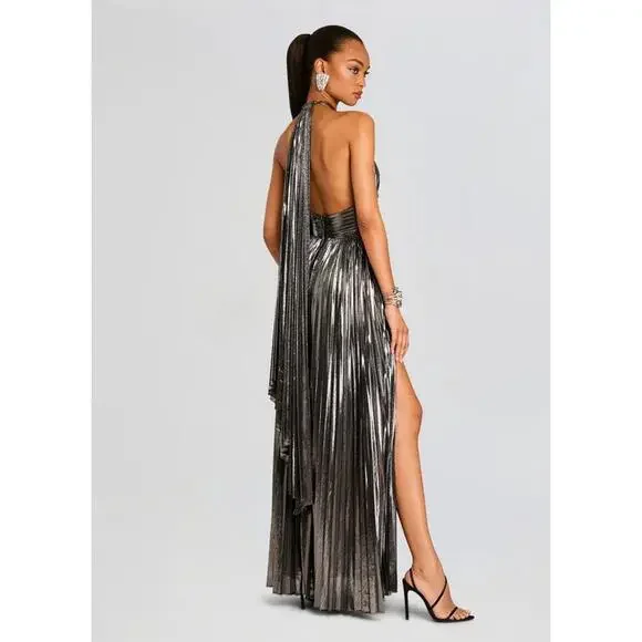 $798 Retrofete Reiss Dress Silver Lame Pleated Halter Cape Designer Dress XL